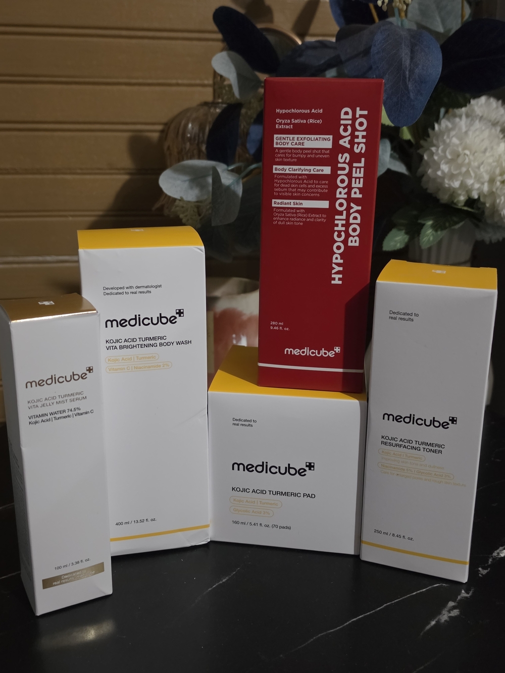 Hypochlorous Acid Body Peel Shot & Kojic Acid Turmeric White/Yellow Skincare Set